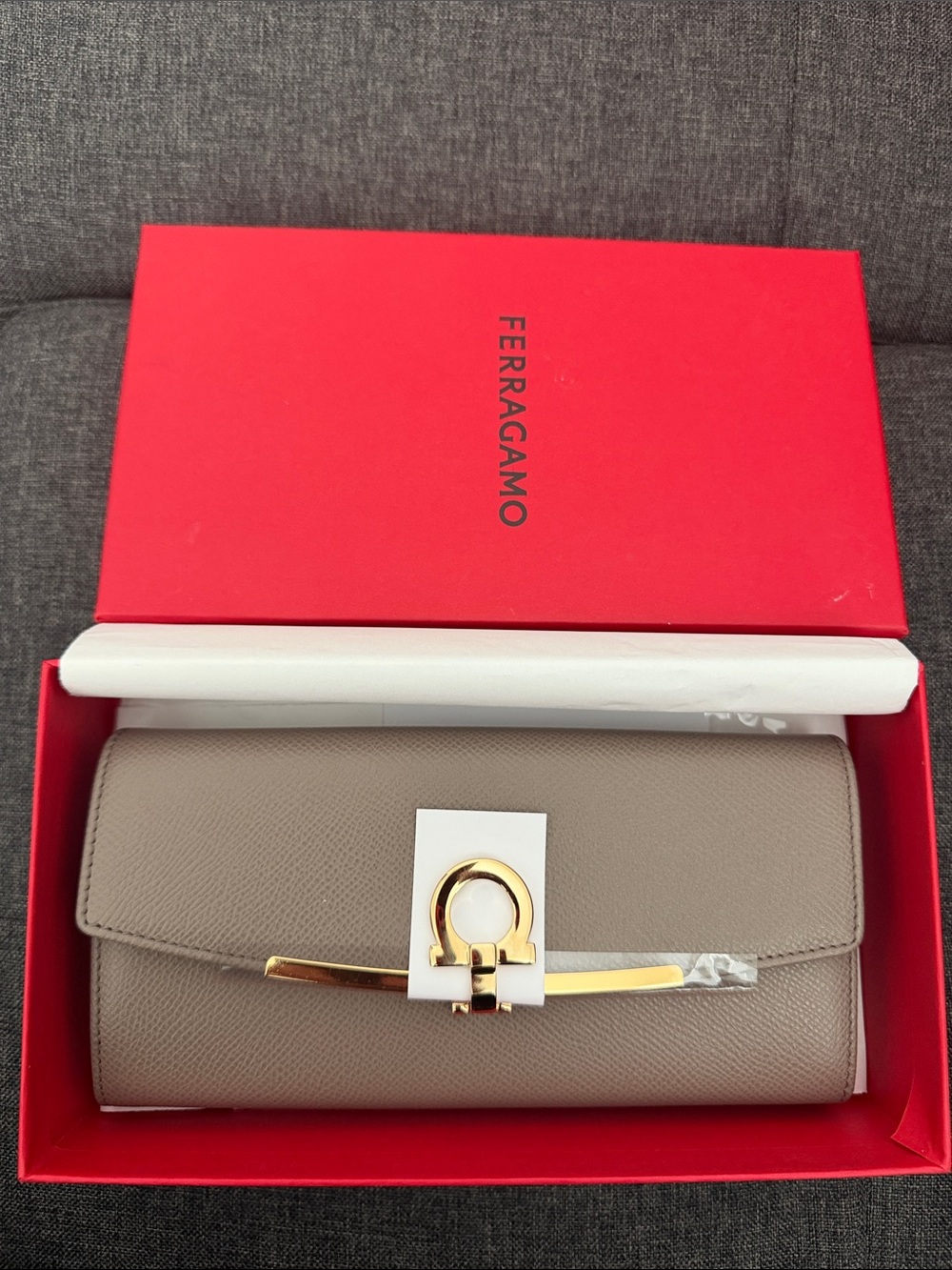 Salvatore Ferragamo Taupe Leather Gancini Wallet with Gold Hardware
